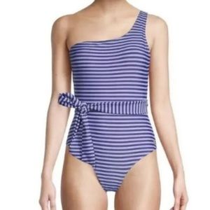 Jones New York Blue Purple Striped Waist Tie One Shoulder Swimsuit Size Small